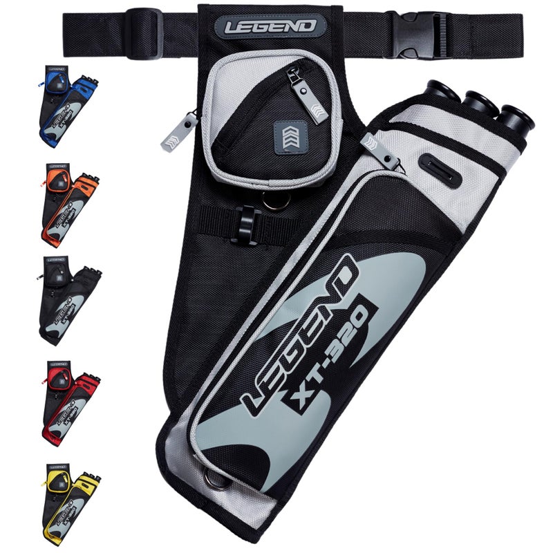 Legend XT320 Archery Quivers - Right Handed Nylon Hip Quivers with 3 Arrow Tube Cases for Target Shooting - Adjustable Waist Belt, T-Slot, Compartments for Accessories, Tools, Release Tab - Grey - Image 1